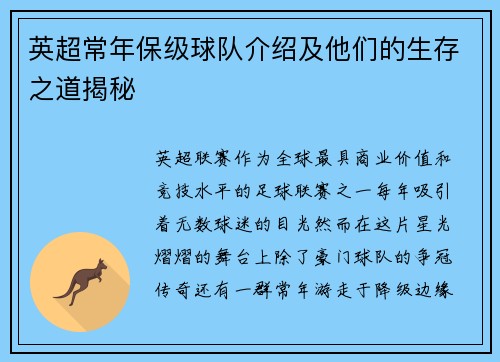 英超常年保级球队介绍及他们的生存之道揭秘