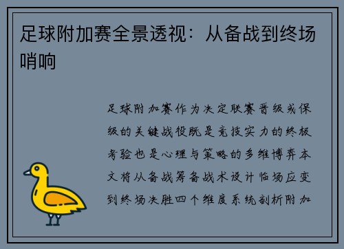 足球附加赛全景透视：从备战到终场哨响