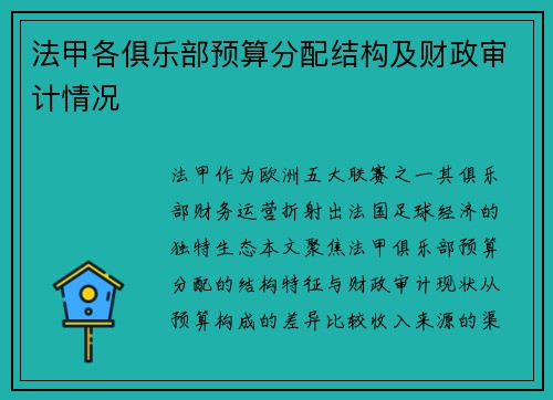 法甲各俱乐部预算分配结构及财政审计情况