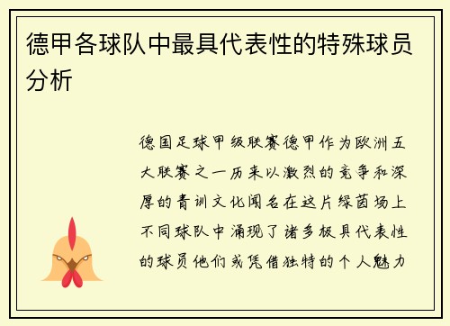 德甲各球队中最具代表性的特殊球员分析